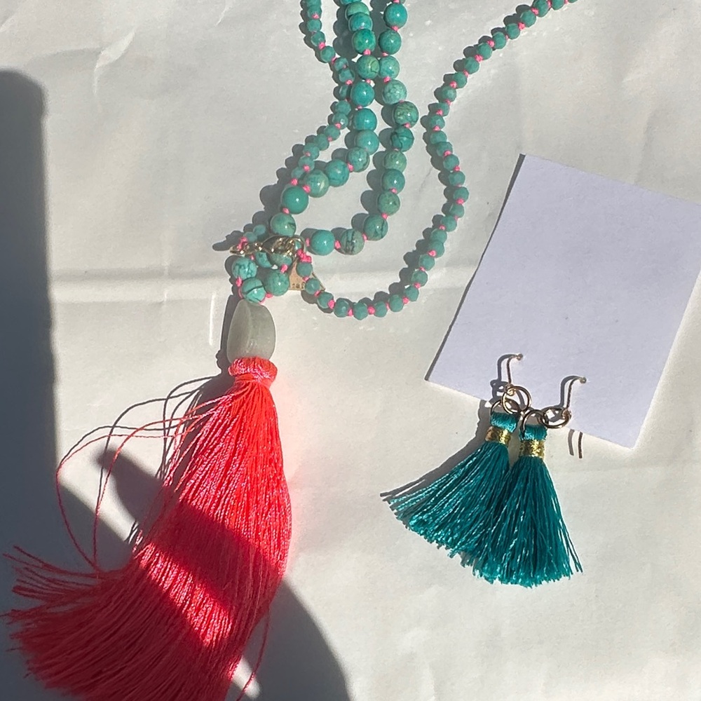Turquoise, Orange, & Pink long Necklace Set w/ turquoise color matching earrings